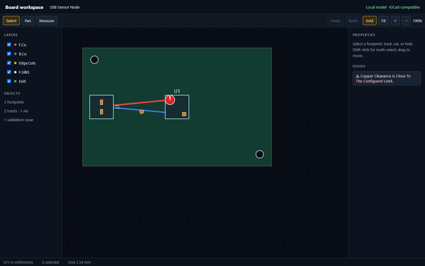 Actual BoardForge 2D PCB editor fixture with board outline, pads, tracks, via, layers and design-rule issue